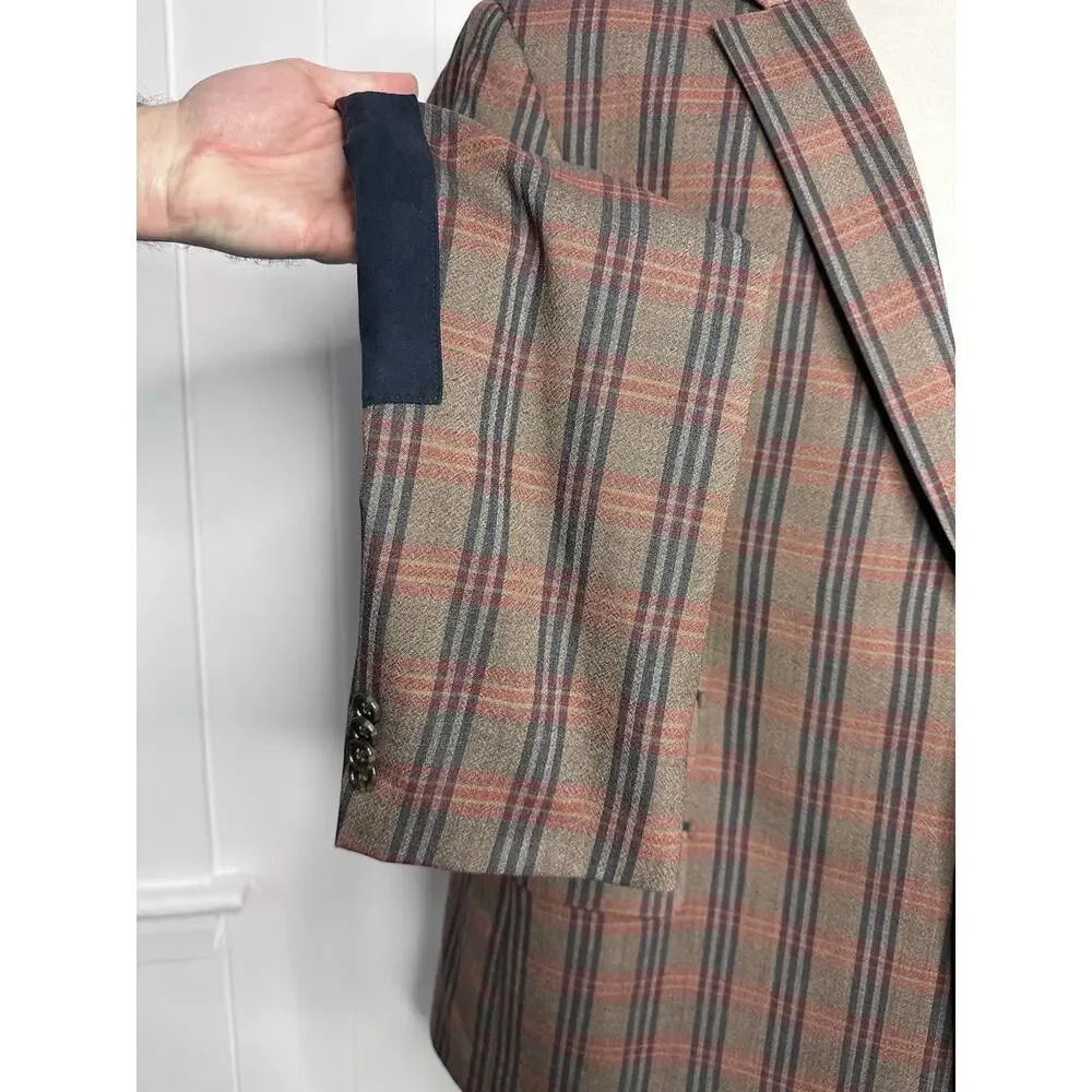 Paul Fredrick Multicolor Plaid Sport Coat Blazer - 48R - Olive Brown Elbow Patch